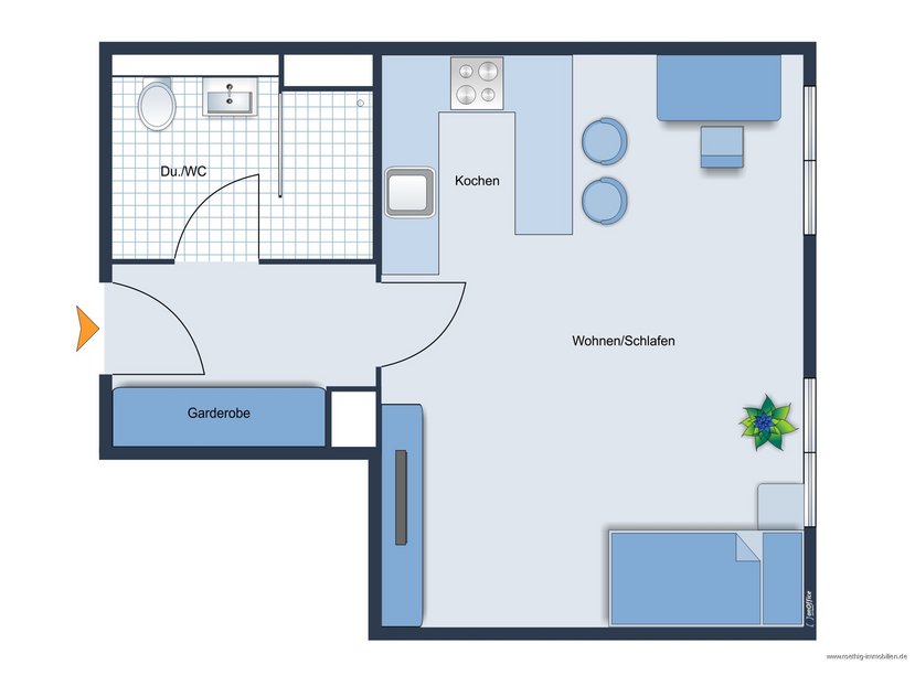 Grundrisskizze der Wohnung - nicht maßstabsgetreu - Möblierung dient lediglich zur Veranschaulichung und ist nicht Bestandteil der Wohnung