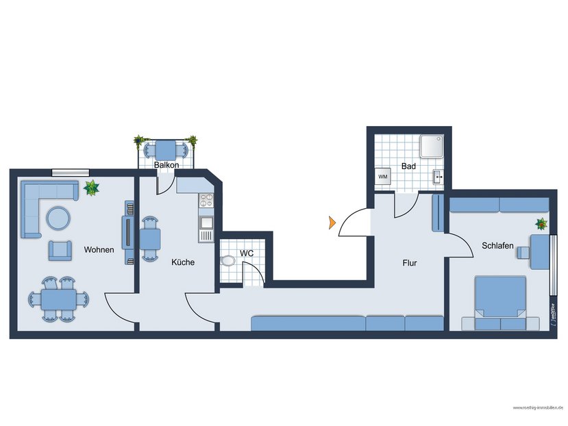 Grundrissskizze der Wohnung - nicht maßstabsgetreu - Möblierung dient lediglich zur Veranschaulichung und ist nicht unbedingt Bestandteil der Wohnung