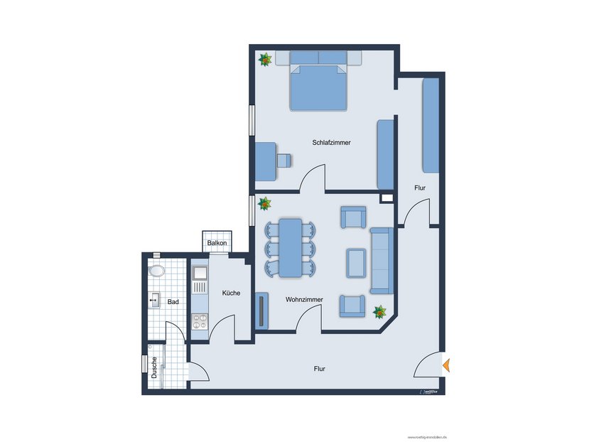 Grundrissskizze der Wohnung - nicht maßstabsgetreu - Möblierung dient lediglich zur Veranschaulichung und ist nicht unbedingt Bestandteil der Wohnung