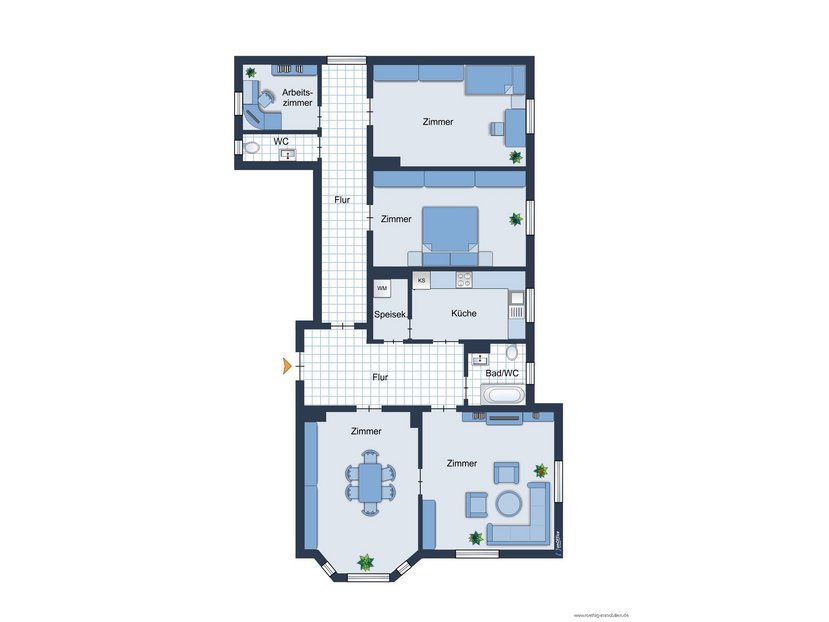 Grundrissskizze der Wohnung - nicht maßstabsgetreu - Möblierung dient lediglich zur Veranschaulichung und ist nicht unbedingt Bestandteil der Wohnung