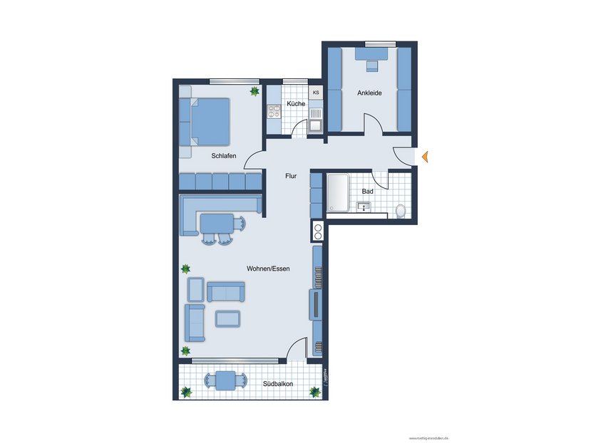 Grundrissskizze der Wohnung - nicht maßstabsgetreu - Möblierung dient lediglich zur Veranschaulichung und ist nicht unbedingt Bestandteil der Wohnung