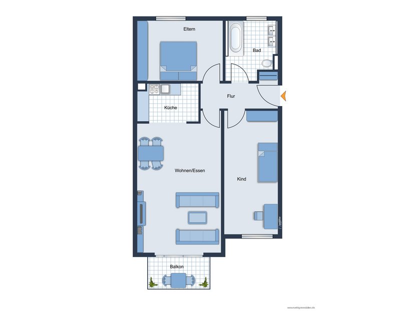 Grundrissskizze der Wohnung - nicht maßstabsgetreu - Möblierung dient lediglich zur Veranschaulichung und ist nicht unbedingt Bestandteil der Wohnung