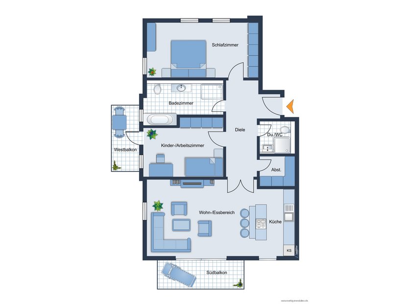 Grundrissskizze der Wohnung - nicht maßstabsgetreu - Möblierung dient lediglich zur Veranschaulichung und ist nicht Bestandteil der Wohnung