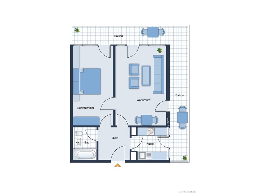 Grundrissskizze der Wohnung - nicht maßstabsgetreu - Möbilierung dient lediglich zur Veranschaulichung und ist nicht Bestandteil der Wohnung