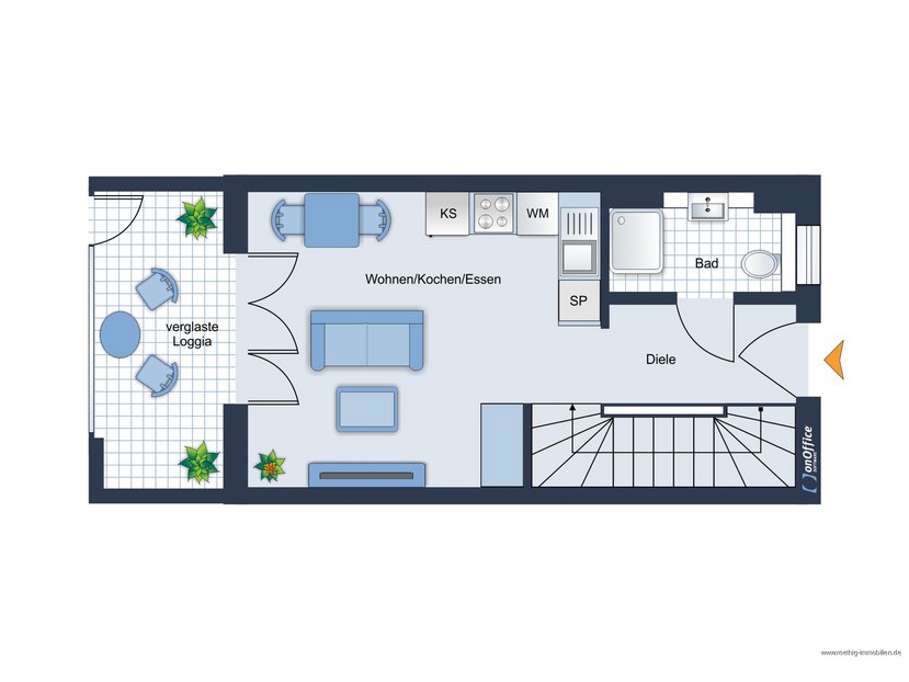 Grundrissskizze der Wohnung 2. Obergeschoss - nicht maßstabsgetreu - Möbilierung dient lediglich zur Veranschaulichung und ist nicht Bestandteil der Wohnung